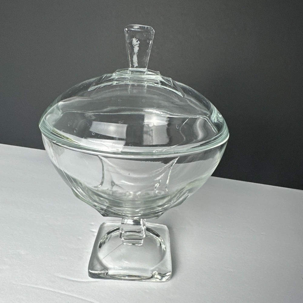 VTG Hazel Atlas Colony Clear Square Footed Glass Candy Dish Preserve Bowl w/ Lid - Picture 10 of 16